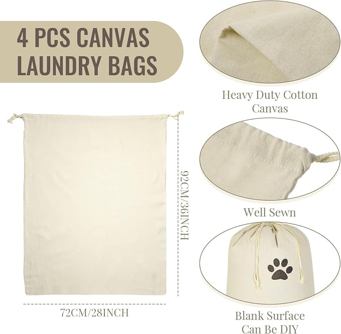 4 Pieces 28" x 36" Canvas Laundry Bags Bulk Large Cotton Laundry - Image 2
