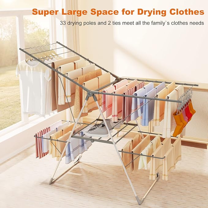 Bigzzia Clothes Drying Rack Foldable, 2-Level Large Laundry Drying Rack - Image 2