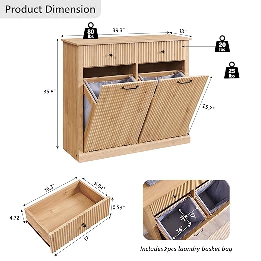 Modern Double Tilt-Out Trash Cabinet, 20 Gallon Fluted Laundry Hamper Cabinet - Image 2