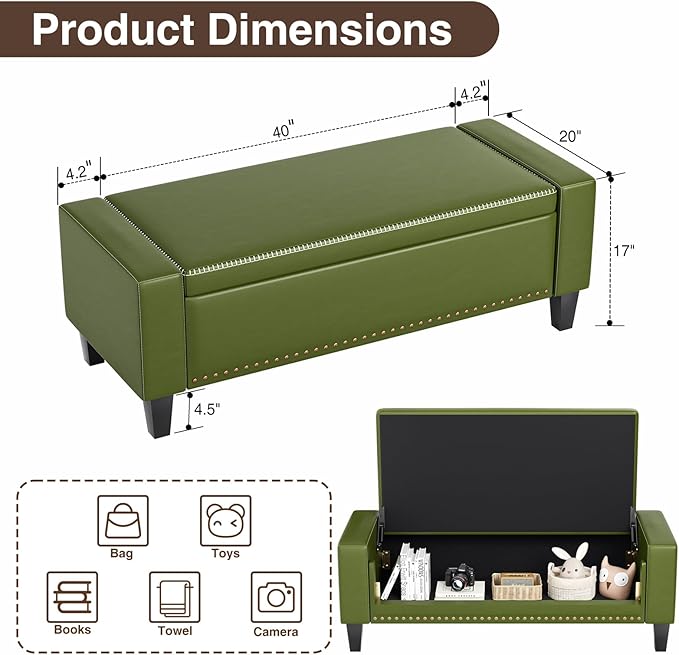 48.8" Storage Ottoman Bench Green | Faux Leather Bedroom Bench - Image 2