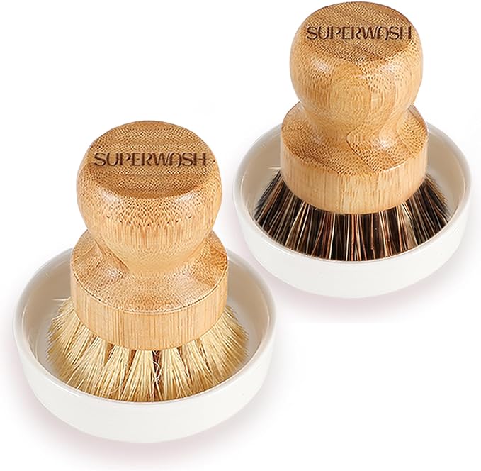Bamboo Brush Dish Scrubber Clean Pan and Vegetable, Natural Bristles Palm Pot by SUPERWASHPLUS