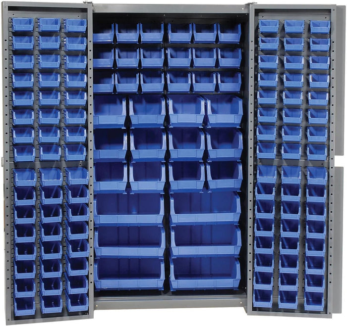 Global Industrial Deep Door Bin Cabinet, Includes 132 Blue Plastic Bins