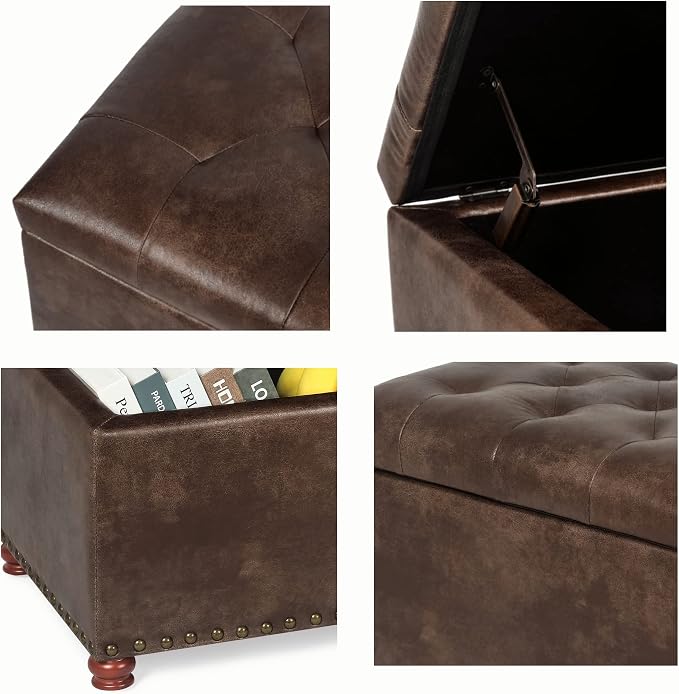 24'' Leather Ottoman with Storage Rectangle Foot Rest Ottomans Stool - Image 5