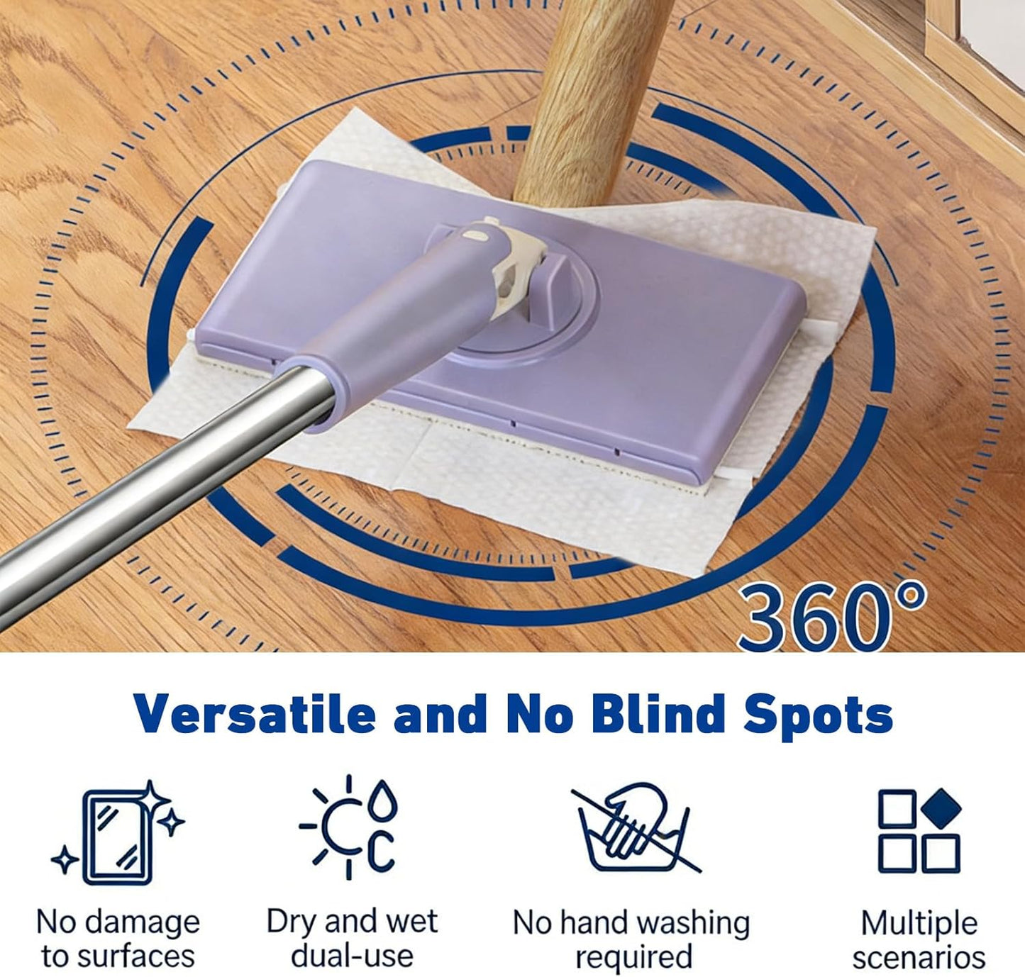 Hands Free Flat Mop,Cloth Changing Mini Mop,35inch Long Handle Mopping Stick,360° Swivel Head,Dry and Wet Use,Ideal for Tight Corners(Purple,6 Cloth)