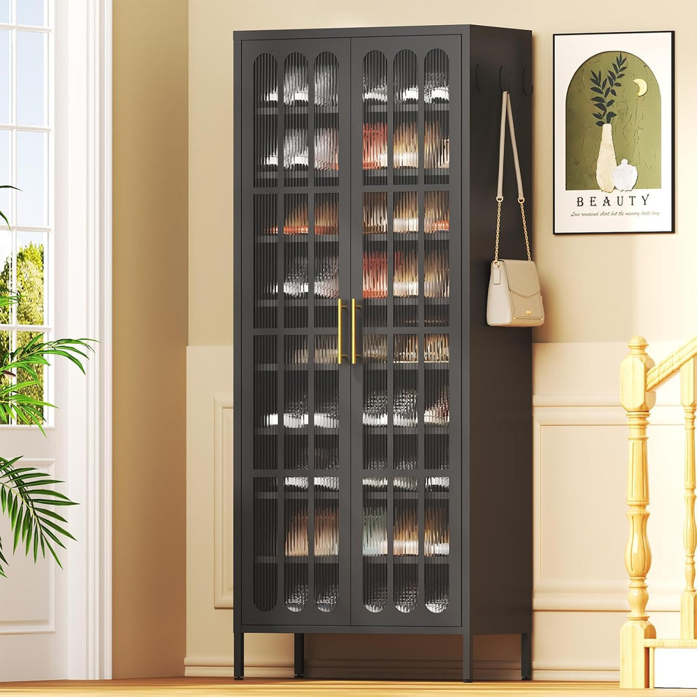 9-Tier Tall Metal Shoe Cabinet with Doors & Hooks, 67" Large Shoe St...