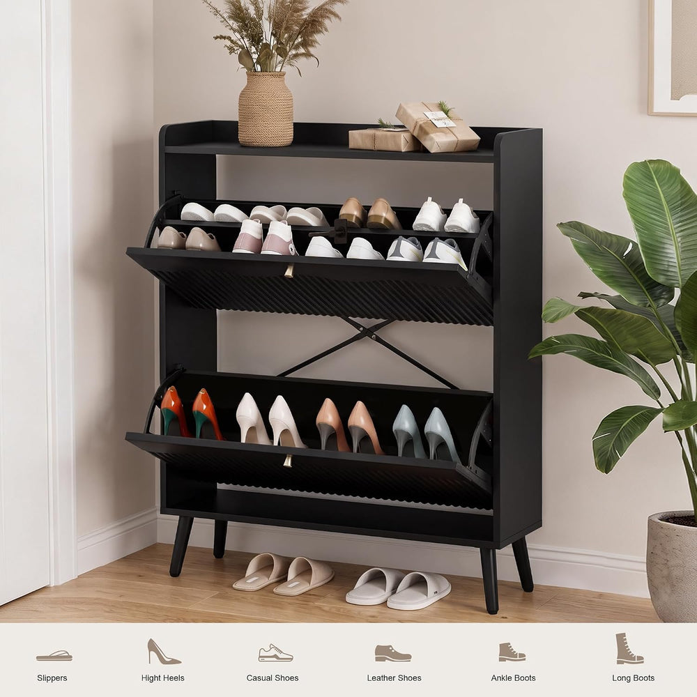 BERRYMERRY 31.5” Black Fluted Shoe Cabinet Storage with 2 Flip Drawers