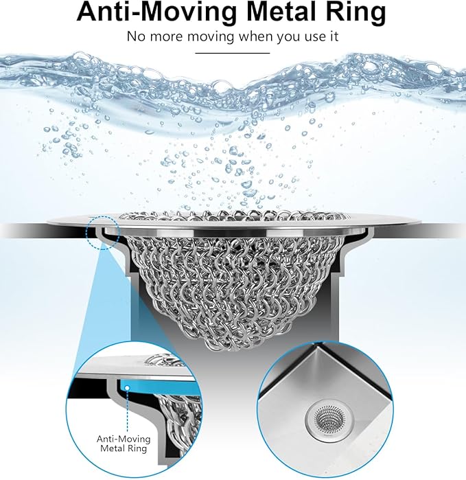 2 Pcs Sink Drain Strainer: Anti-Slip Flexible Chainlink, 304 Stainless Steel. - Image 3