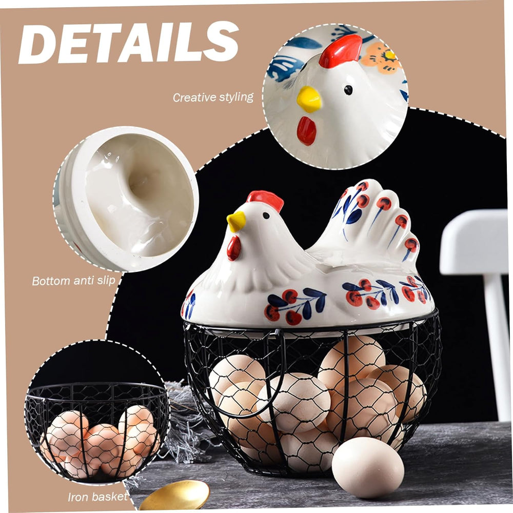Ceramic Egg Holder, Hollow-Out Wire Chicken Egg Holder with Chicken Shaped Li...