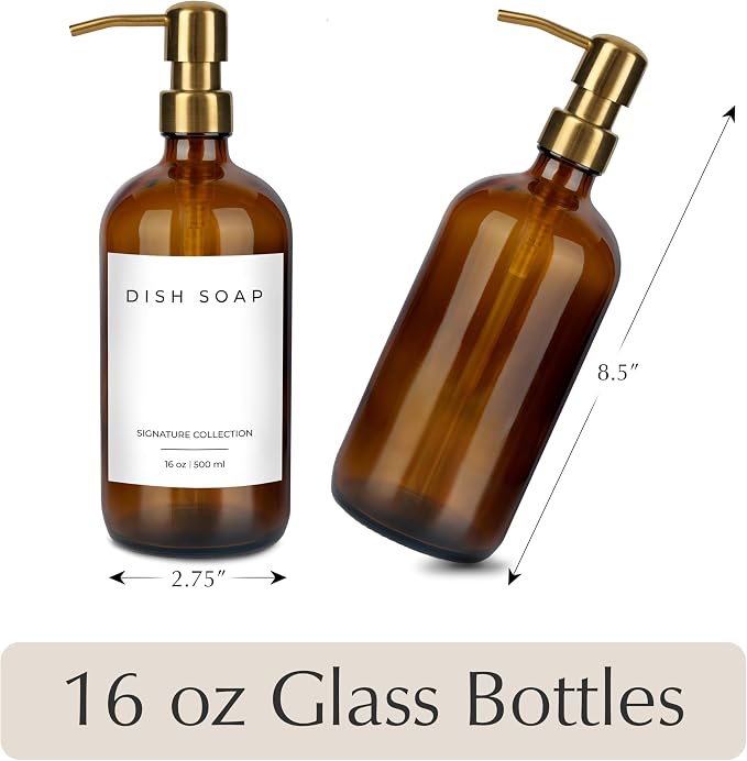 Emerson Essentials Glass Soap Bottle Dispensers, 2 Pack, Stainless-Steel Pumps - Image 3