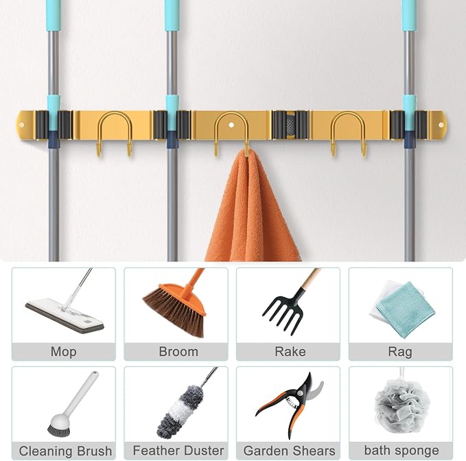 Mop Broom Holder Wall Mount, 2 Packs Gold Stainless Steel Tool Storage Organizer - Image 5