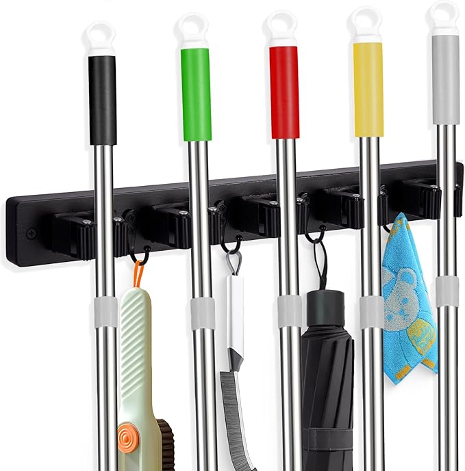 Broom Holder Wall Mount With 5 Slots & 4 Hooks，Rustic Wood Broom & Mop by FunCee