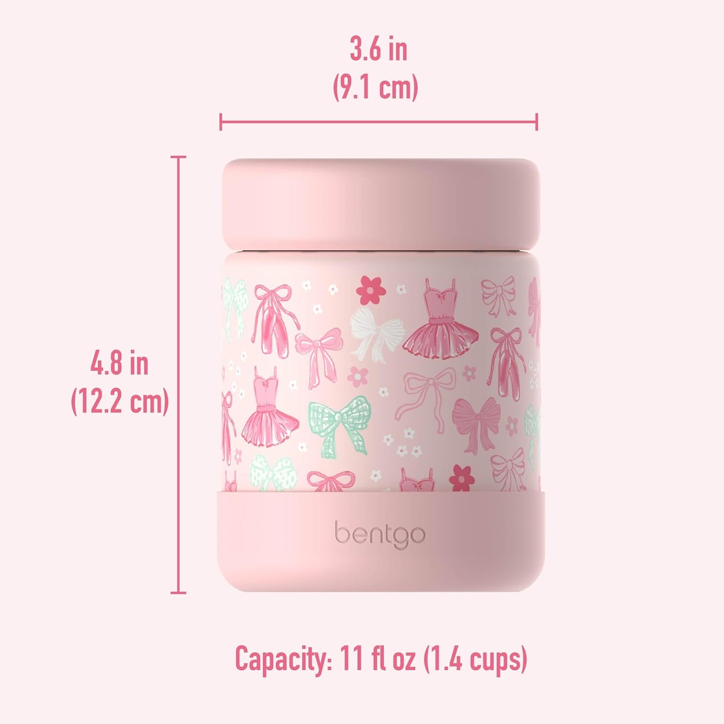 Bentgo Kids Stainless Steel Leak-Proof Food Jar for Hot or Cold Food | 11 fl oz Double Insulated Container with Removable Silicone Bumper, Dishwasher Safe, Easy Open Lid, Ages 3+ (Ballet and Bows)
