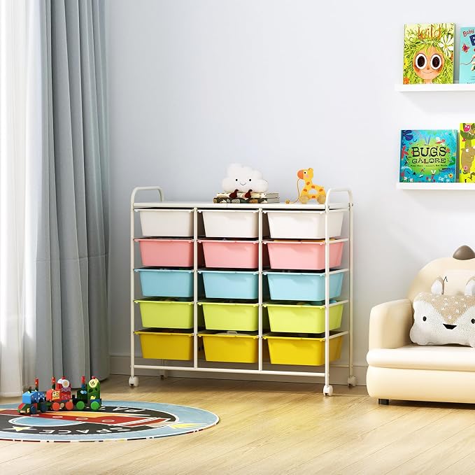 15 Drawers Rolling Cart With Wheels, Plastic Storage Drawer With Metal Frame