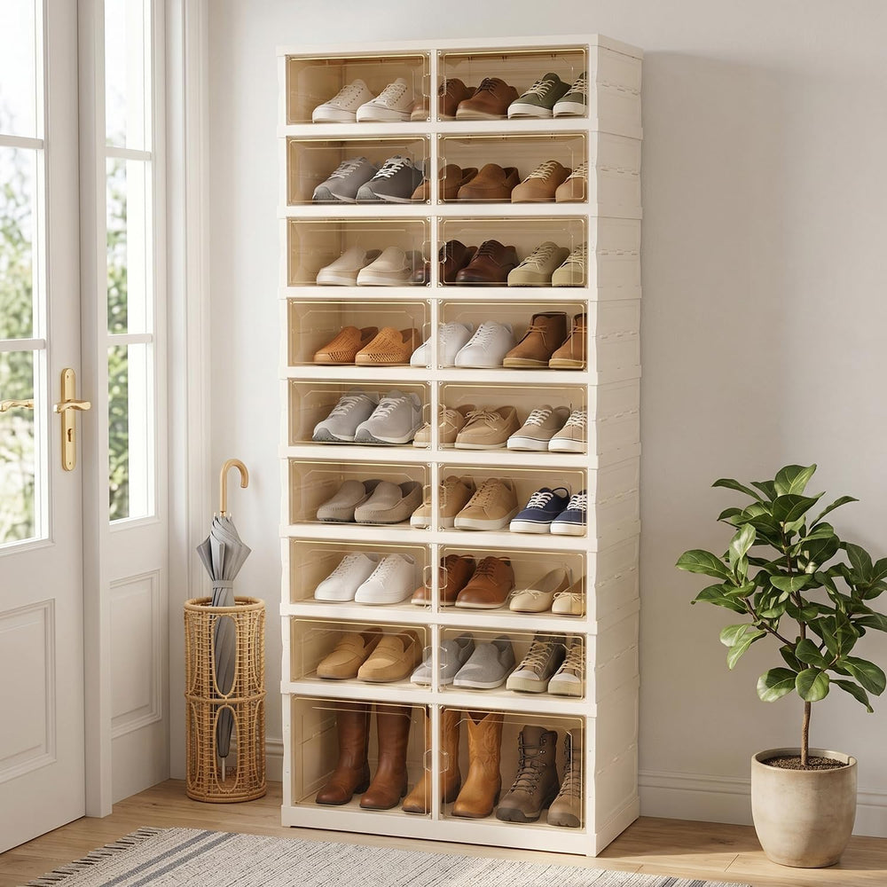 Foldable Shoe Rack, 9-Tier Shoe Storage Cabinet with Clear Doors for Closet