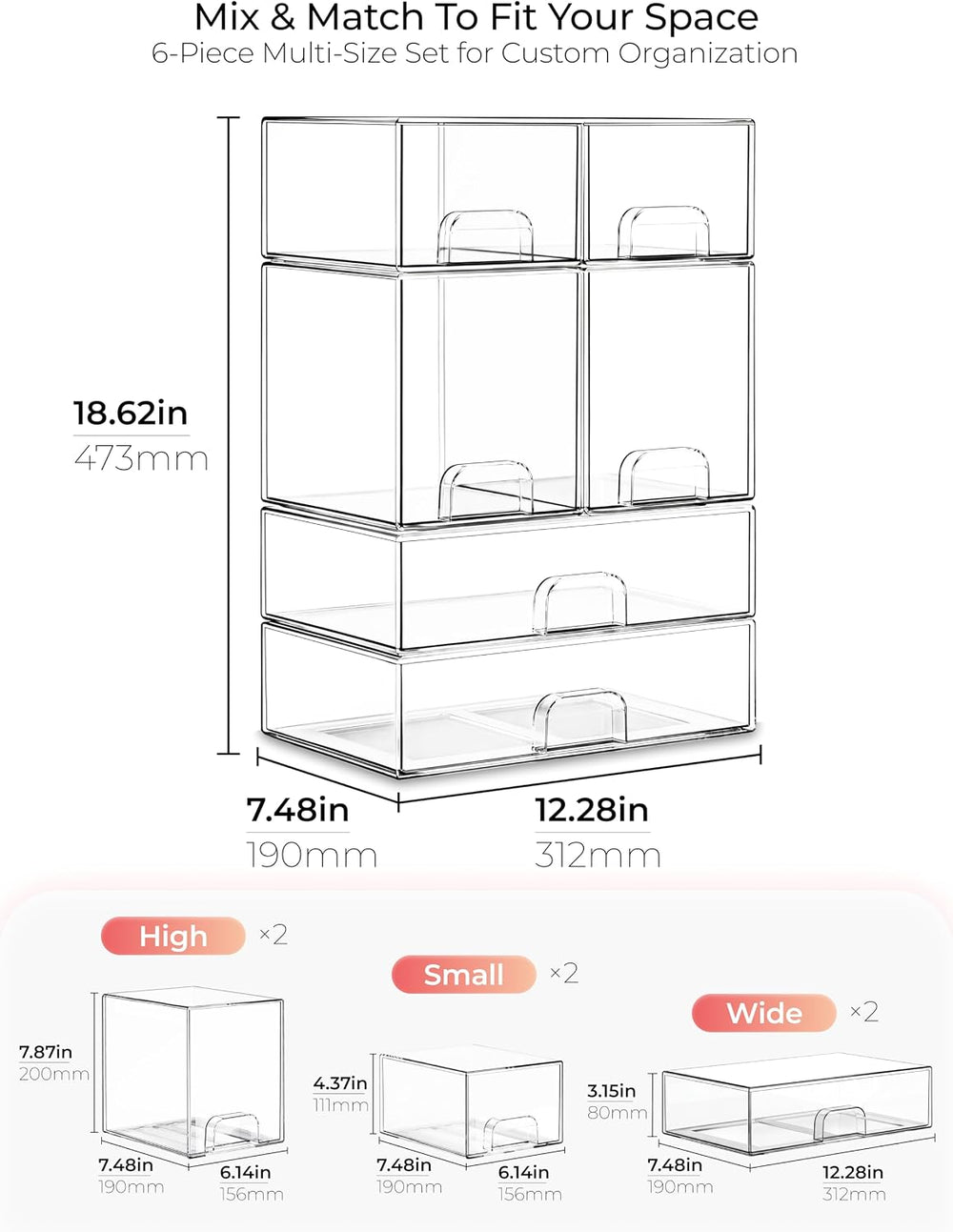 Stackable Storage Drawer Organizers Set of 6 for Bathroom Organizer Storage