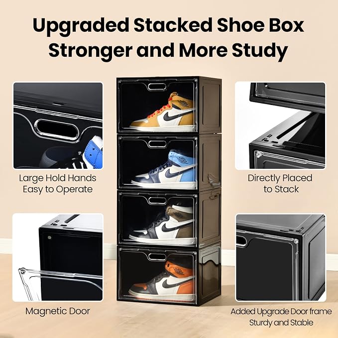 8 Pack Shoe Boxes Black Plastic Stackable, Large Shoe Storage Organizer - Image 3