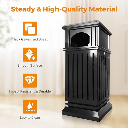 BEAMNOVA Trash Can Outdoor Top Tray Black Stainless Steel Commercial Garbage - Image 2