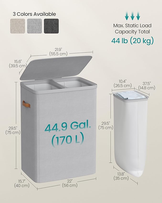 SONGMICS Laundry Basket, 44.9 Gal. Laundry Hamper, 2 Compartments, Easy Assembly - Image 6