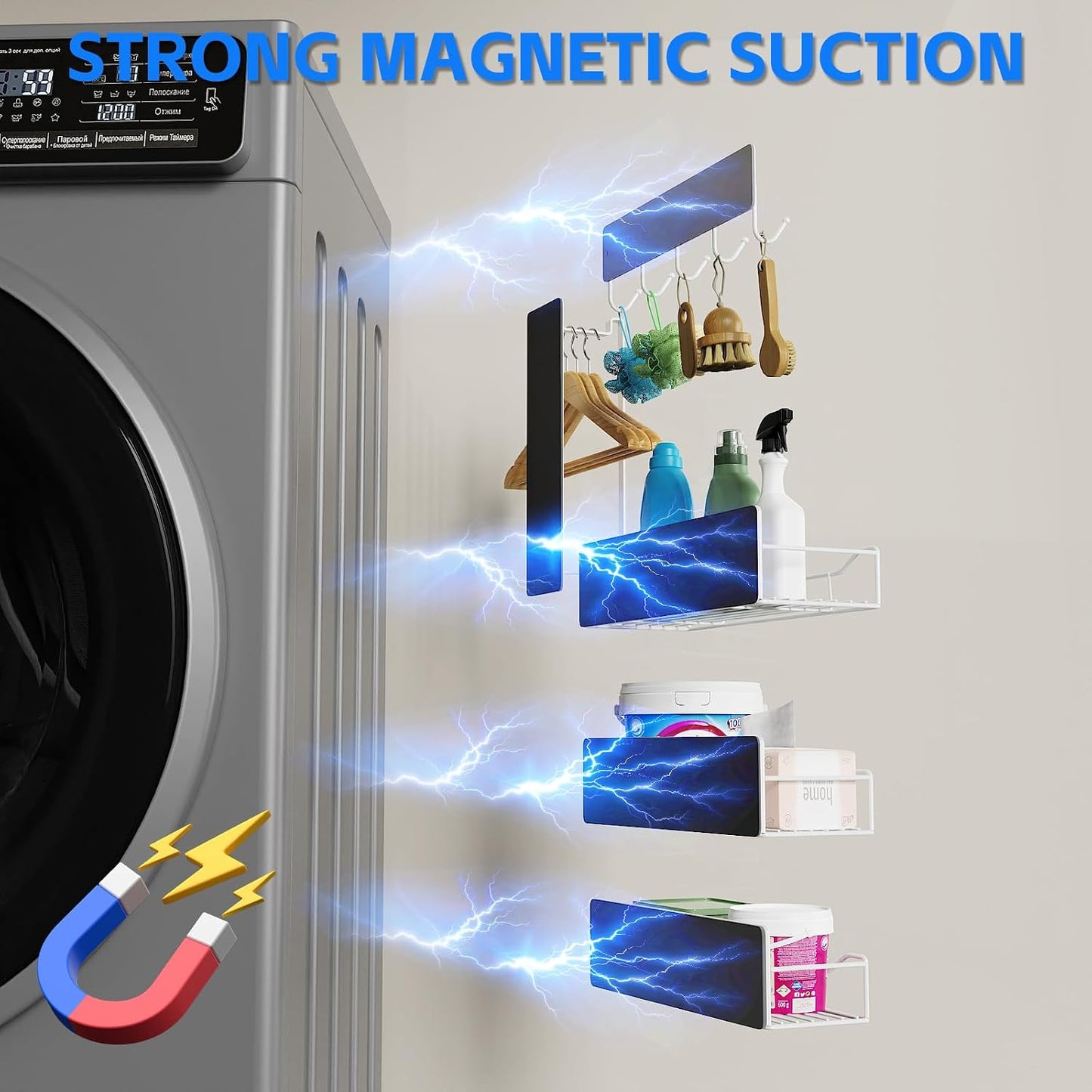 Magnetic Spice Rack for Refrigerator, 5 Pack Magnetic Fridge Organizer Shelves, Strong Magnetic Hold, No Drilling, Space Saving Storage Rack for Kitchen & Washing Machine Organizer (White)