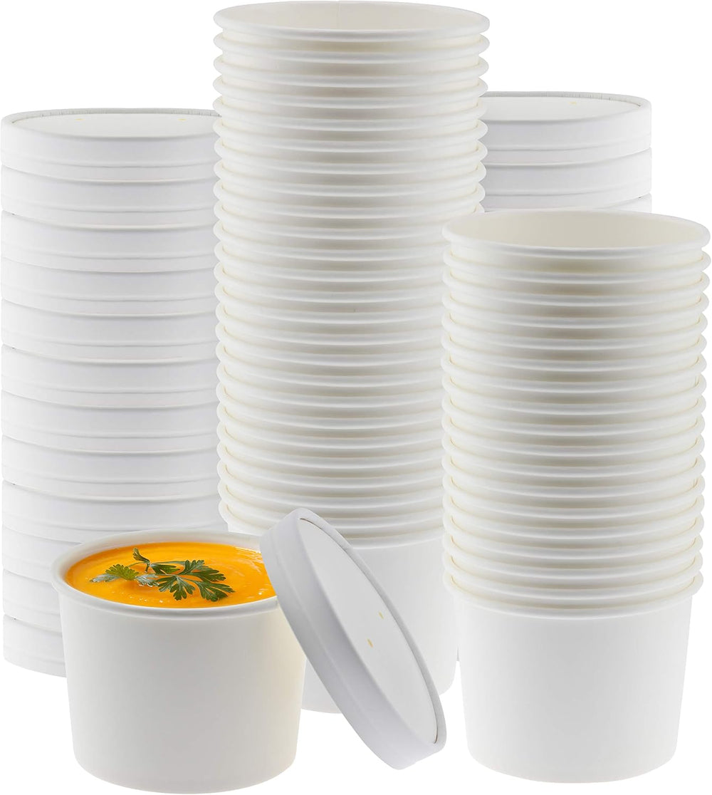 NYHI Kraft 50 Pack 16 oz White Paper Bowls Soup Storage Containers With Lids ...