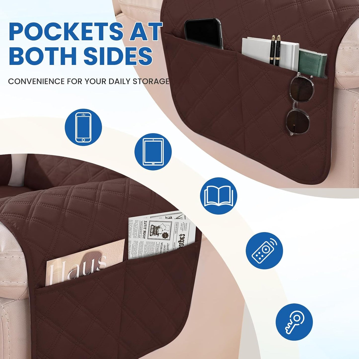Waterproof Recliner Chair Covers, Recliner Covers that Stay in Place, Electric Recliner Cover, Recliner Covers Washable with Pocket, Elastic Straps for Kids, Pets, Dogs (Brown, 23")