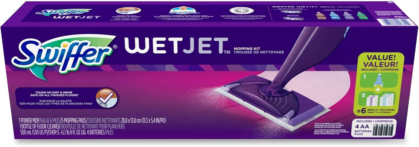 Swiffer Wet Jet Mop, Floor Cleaner for Mopping Wood, Laminate, Tile in Home, Bathroom, Kitchen, All Purpose Multi-Surface Cleaning Set includes 1 Spray Mop, 5 Pads Refill, 1 Fresh Scent Solution