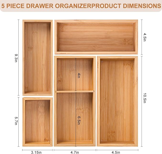 Bamboo Drawer Organizer 5 Pcs for Kitchen Multi-purpose Storage Dividers for - Image 2