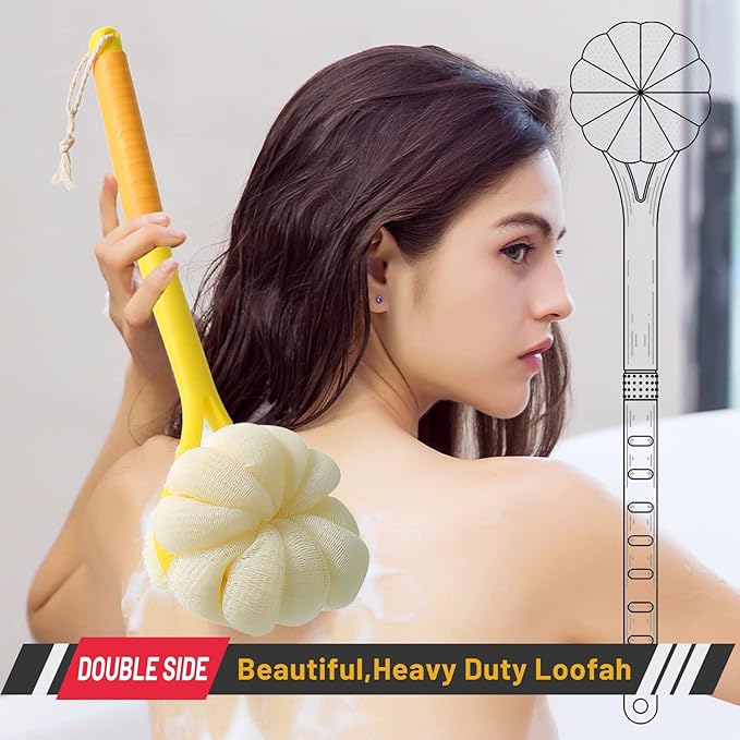 Shower Body Brush, Soft Bristles and Beautiful Pumpkin Loofah 14" Long Handle - Image 2