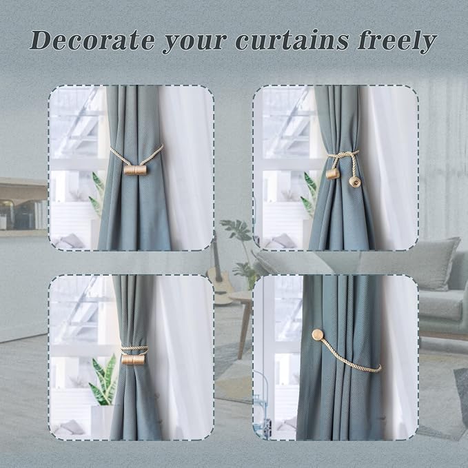 Hion Magnetic Curtain Tiebacks Beige 4 Pack, Curtain Tiebacks Buckles Holdbacks - Image 4