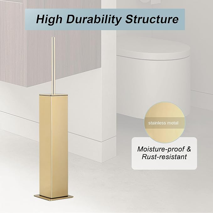 Gold Toilet Brush with Holder 304 Stainless Steel Toilet Bowl Brush, Square - Image 2