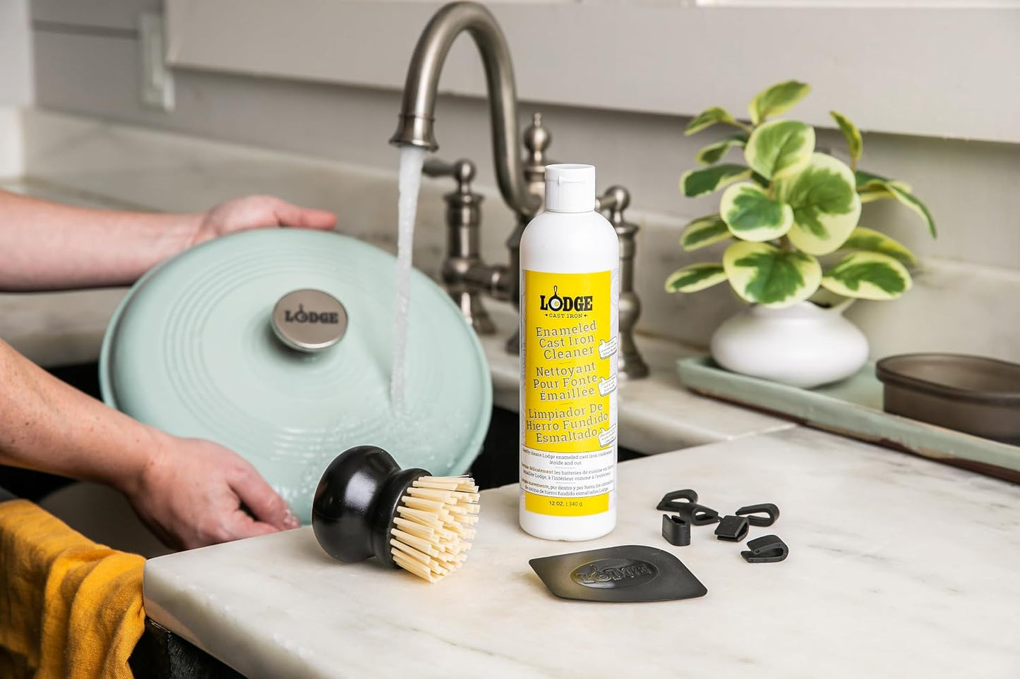Lodge Enameled Cast Iron and Ceramic Stoneware Care Kit, 5 Piece | 100% Biodegradeable Formula for Enameled Cast Iron & Ceramic Stoneware, Dye and Bleach-Free, Non-Toxic Cleaner