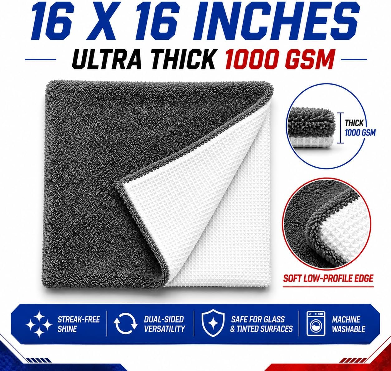 Hybrid Glass Microfiber Towel – Waffle Weave & Plush Dual Action Cleaning Cloth – Streak-Free Window and Surface Drying Towel – Professional Grade –16x16-1000 GSM 1-Pack | Hybrid Glass Microfiber Towel Waffle Weave & Plush Dual Action Cleaning Cloth