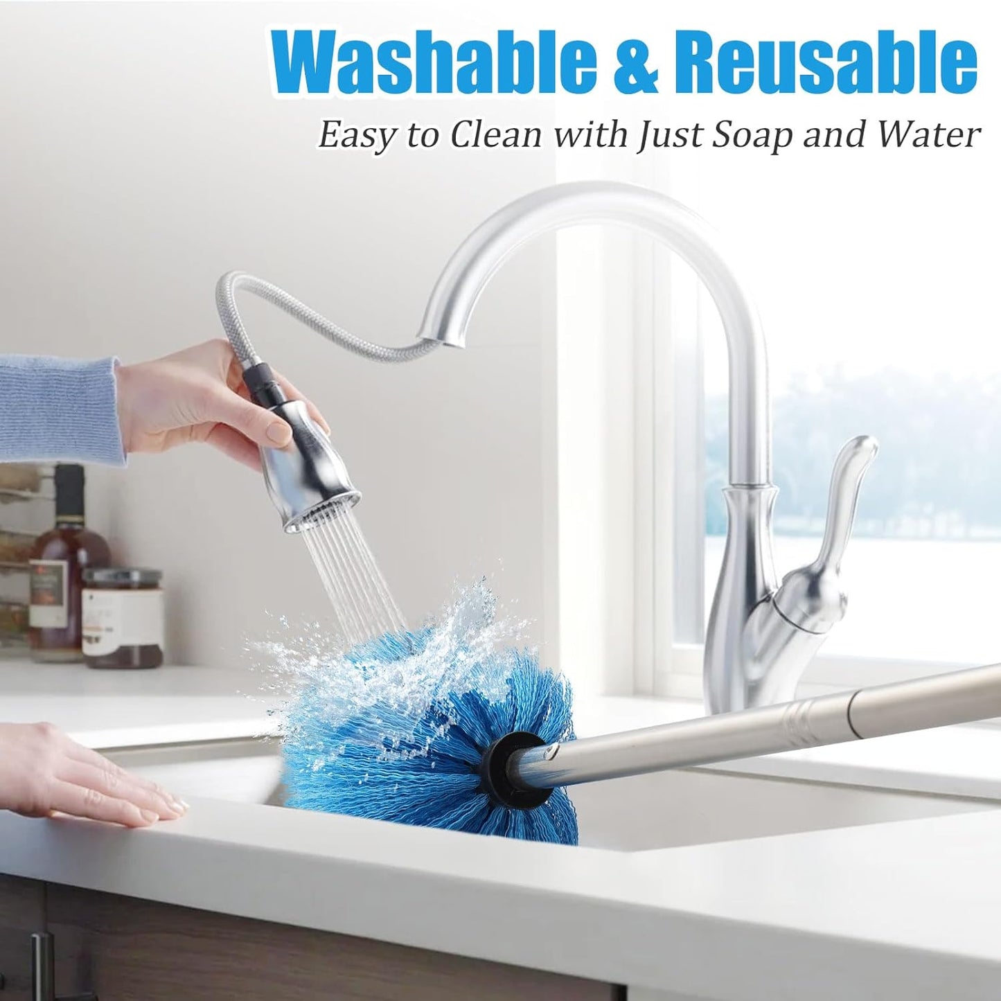 Cobweb Duster with Extension Pole - 6 FT Lightweight Stainless Steel Extendable Duster Ceiling Fan Duster for High Ceilings, Medium Stiff PET Bristle Spider Web Brush for Indoor/Outdoor Cleaning