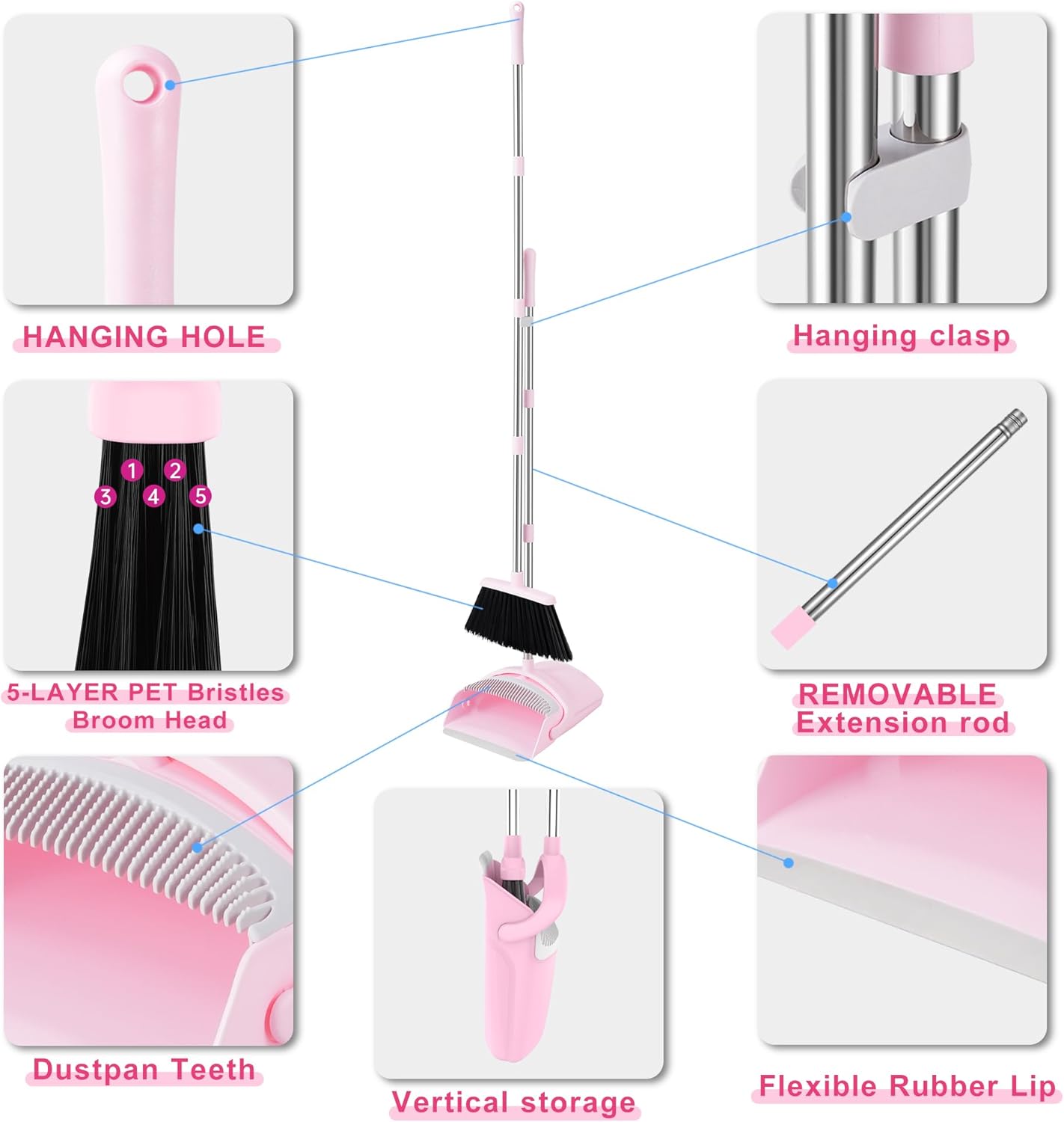 BSKLIN Broom and Dustpan Set for Home, 52” Long Handle Broom with Dustpan Combo Set with Dust Pan Teeth to Clean Hair Sweeping Set for Kitchen Hardwood Floors Pet Hair (Pink)