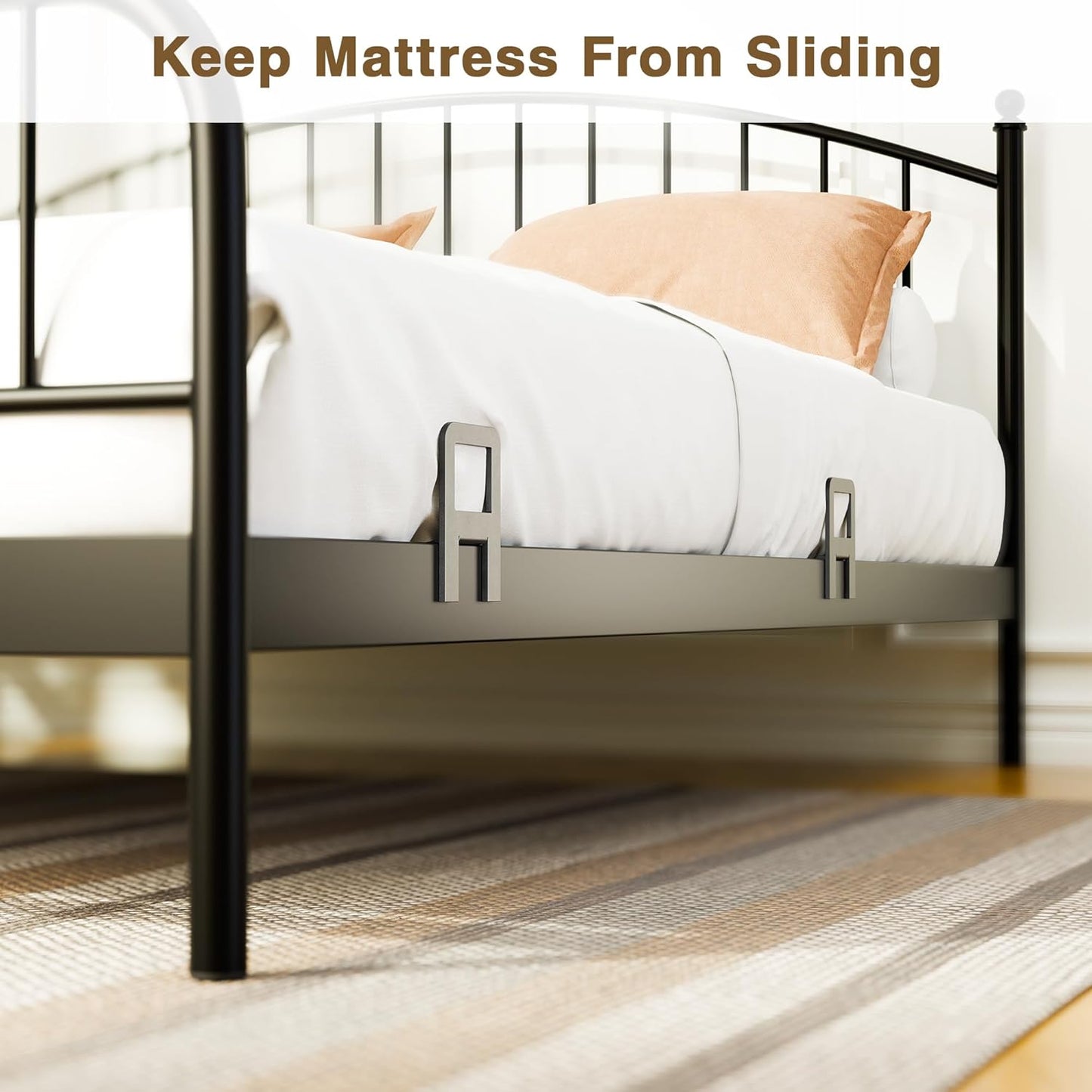 niffgaff 6 PCS Adjustable Anti‑Slip Mattress Slide Stopper Grippers Prevent Mattress Slipping, Metal Bed Frame Holder in Place, Black