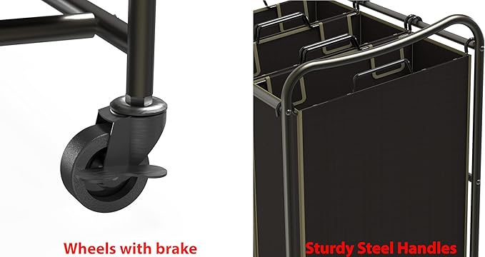 Simple Houseware Heavy Duty 3-Bag Laundry Sorter Rolling Cart - Image 7