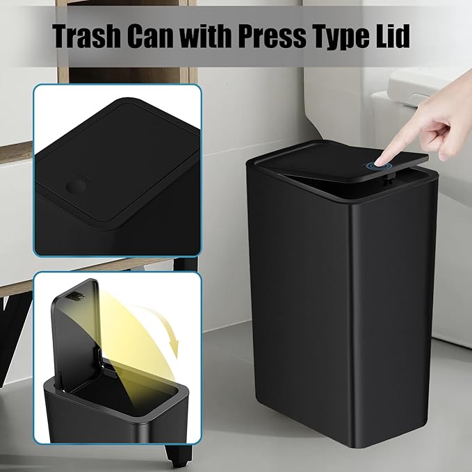 TIPGO Bathroom Trash Can with Lid, 10 Liter/ 2.6 Gallon Slim Garbage Can - Image 4