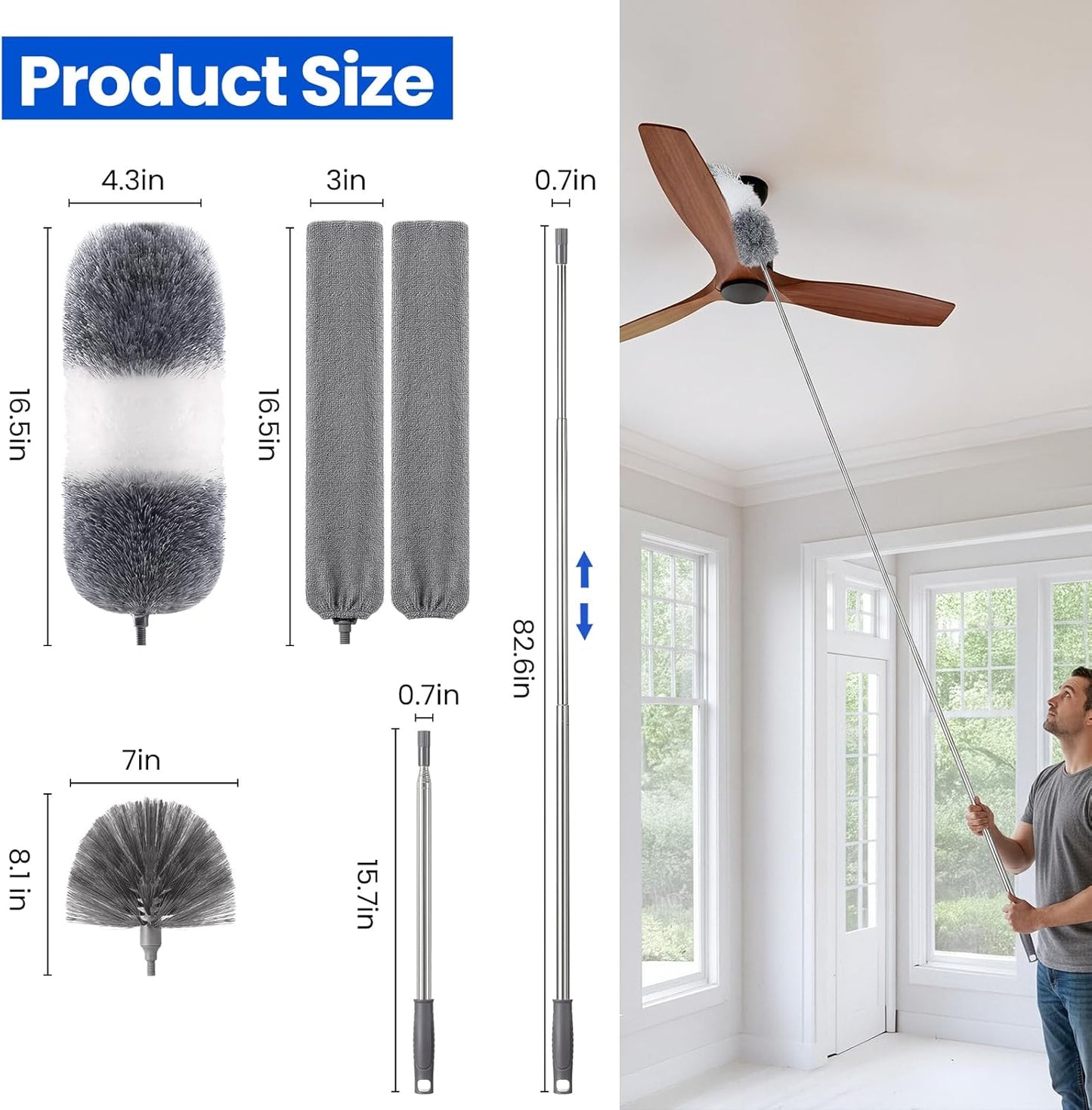 Extra-Long Dusters Kits with Extension Pole, Cobweb Duster, Microfiber Dusting Clothes for Gap, 5 in 1 Cleaning Tools with Extendable Long Handle, Blinds, High Ceilings and Fans, Cars and Furniture
