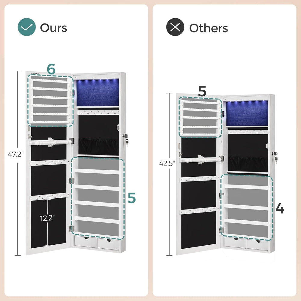 SONGMICS 6 LEDs Mirror Jewelry Cabinet, 47.2-Inch Tall Lockable Wall or Door ...