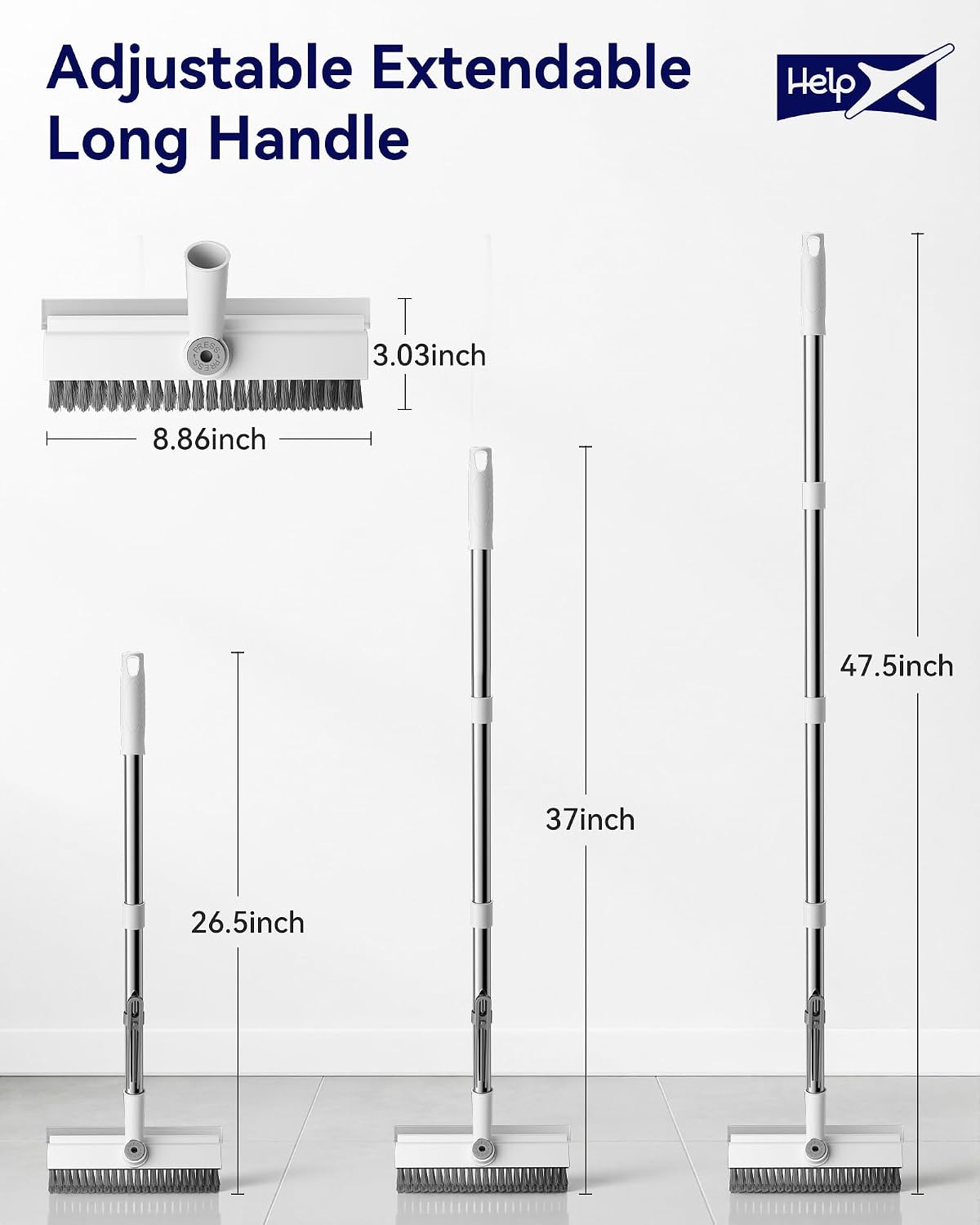 3 in 1 Adjustable Small Floor Scrub Brush with Long Handle | 360 rotating head Right-angle Heavy-Duty Stiff Bristle with Squeegee and Tweezer for Cleaning Bathroom Tile Patio and Kitchen