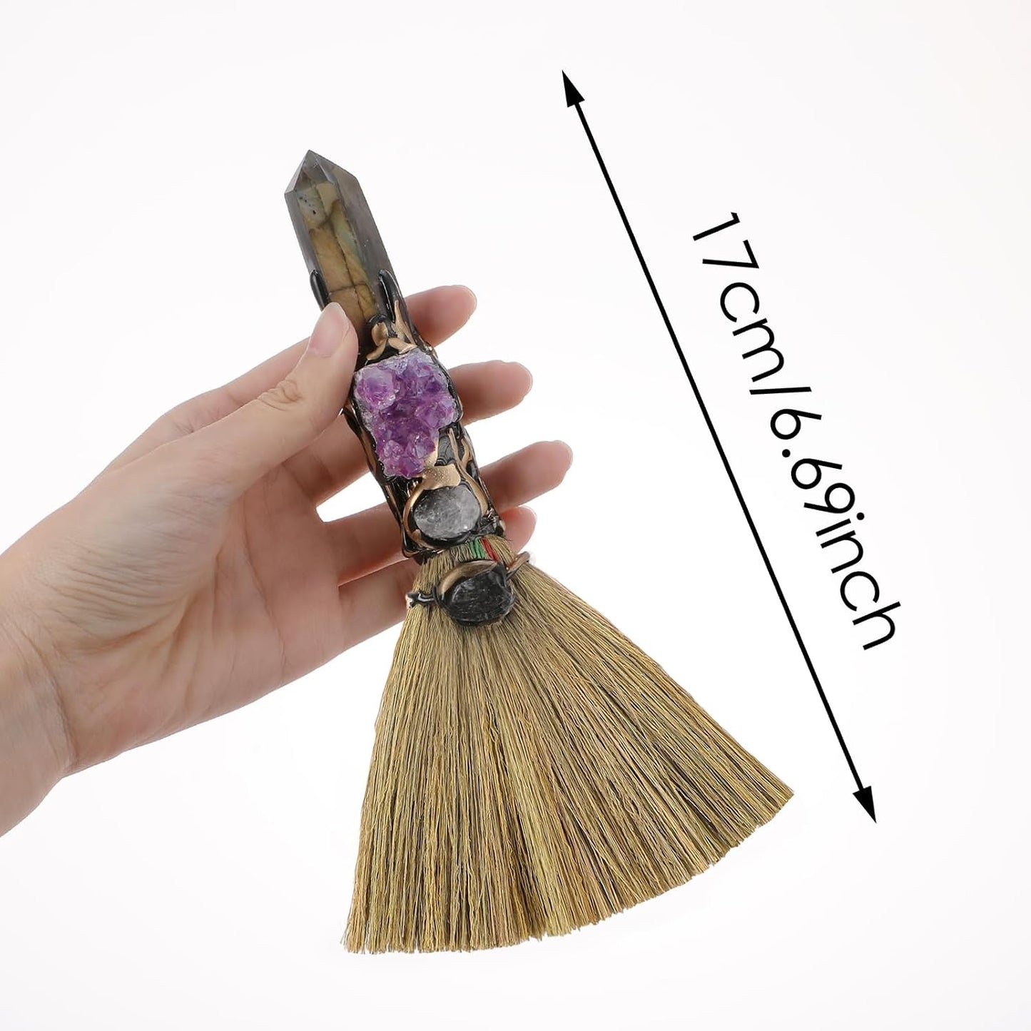 RENEMEGO Witch Broom Witchcraft Supplies - Altar Supplies with Labradorite Wiccan Stuff Magic Broomstick with Natural Healing Crystals Hexagonal Points Pagan Reiki Energy Clearing Decor