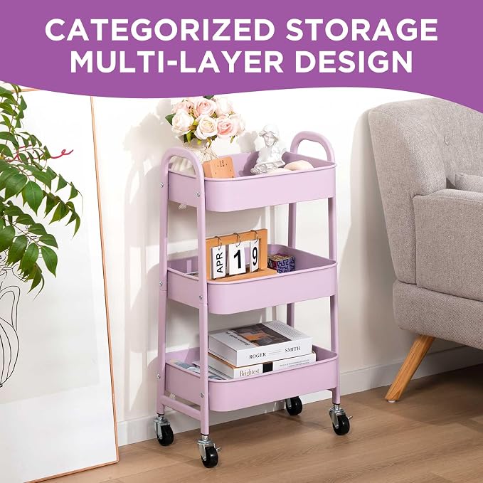 AGTEK Makeup Cart, Movable Rolling Organizer Cart, 3 Tier Metal Utility Cart - Image 2