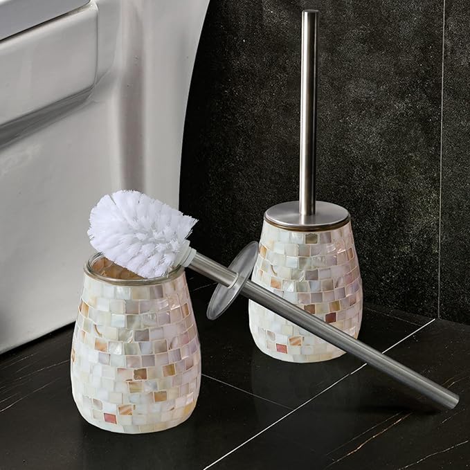 WDHODEC Natural Shell Toilet Brush and Holder Set Mosaic Glass, Stainless Steel - Image 4