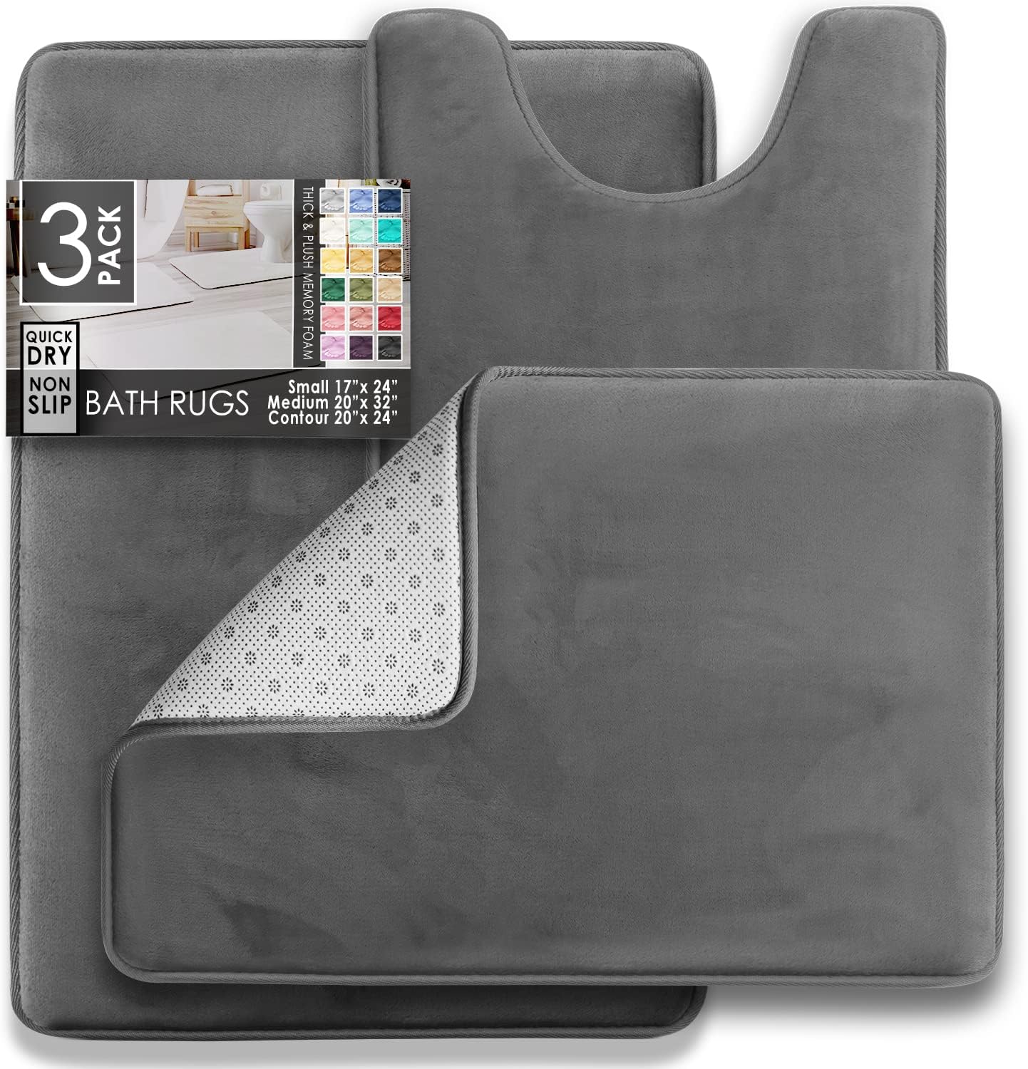 Clara Clark 3 Piece Bathroom Rugs Bath Mat Set, Velvet Memory Foam Bath Mats for Bathroom - Non-Slip, PVC Backing Bath Rugs, Washable - Dries Quickly, Grey