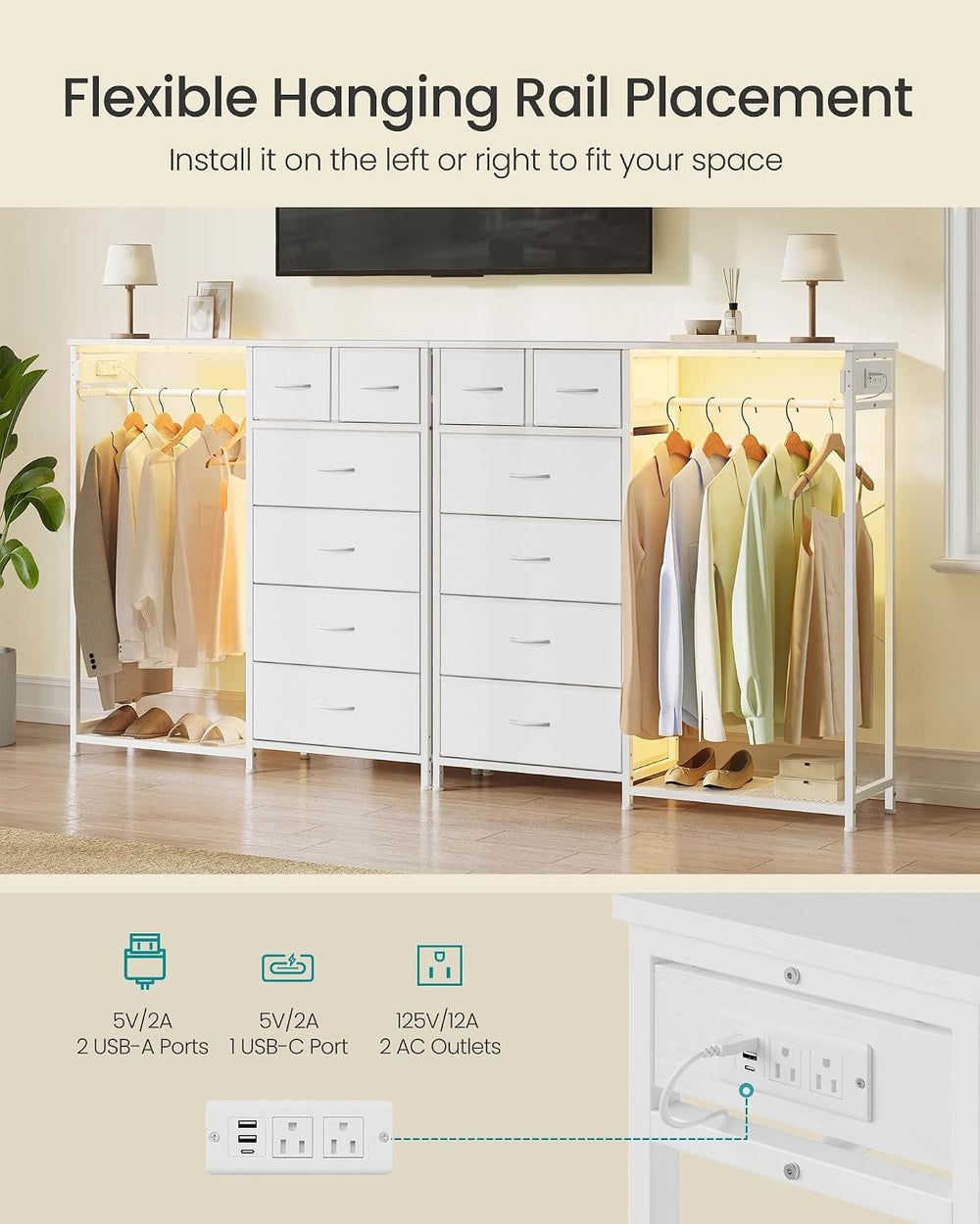SONGMICS Dresser with Hanging Rod, Closet Organizer with 6 Fabric Drawers