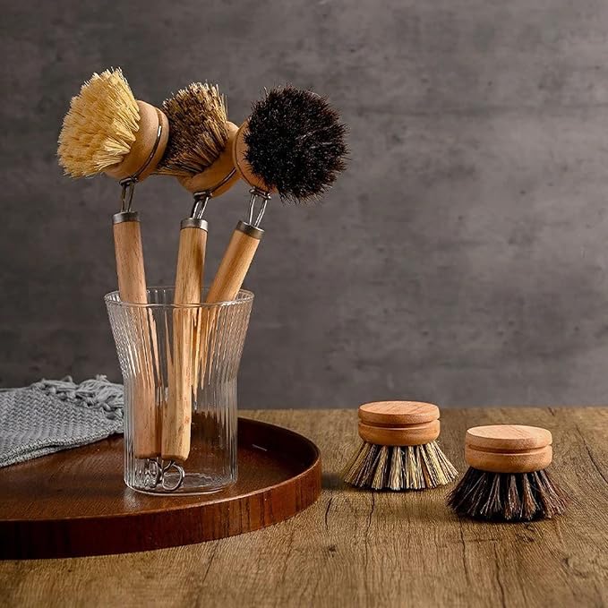 Bamboo Dish Brush with Handle, 1 Sturdy Wooden Handle with 3 Natural Bristle - Image 8