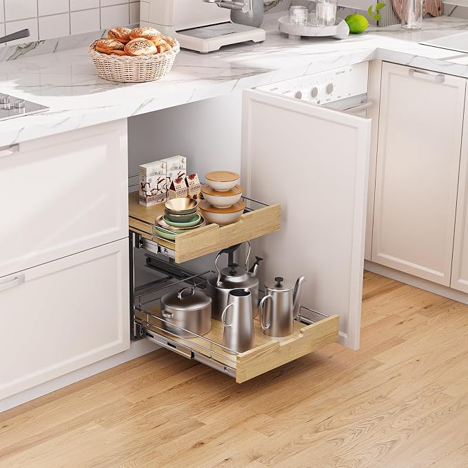 Pull Out Cabinet Organizer, Heavy-Duty Slide Out Shelf, Wood and Wire Basket - Image 4