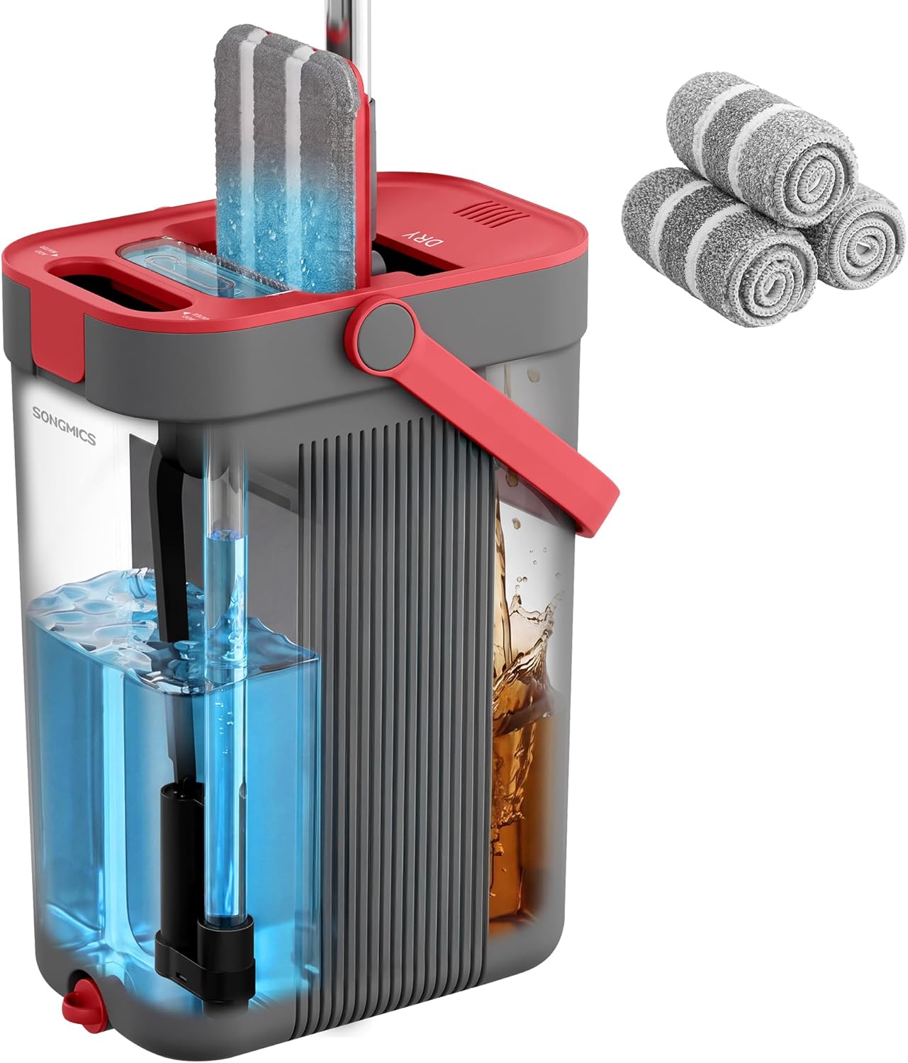 SONGMICS Mop and Bucket Set, Flat Mop with 3-Chamber Clean & Dirty Water Separation System, Wringer Bucket, 360° Rotating Head, 3 Microfiber Pads, Gray and Red ULMB001GT03