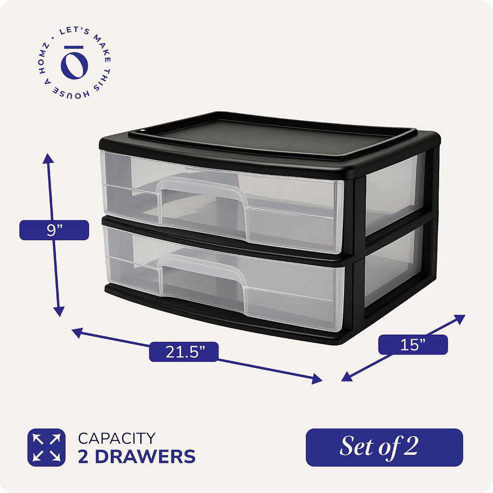 HOMZ Drawer Tower, 2-Tier Storage Organizer Unit, Black Frame, 2 Pack