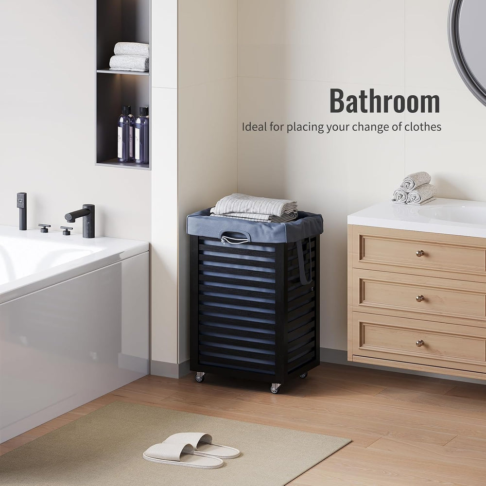 Laundry Hamper with Wheels,Rolling Laundry Basket with Removable Bag,Bamboo C...